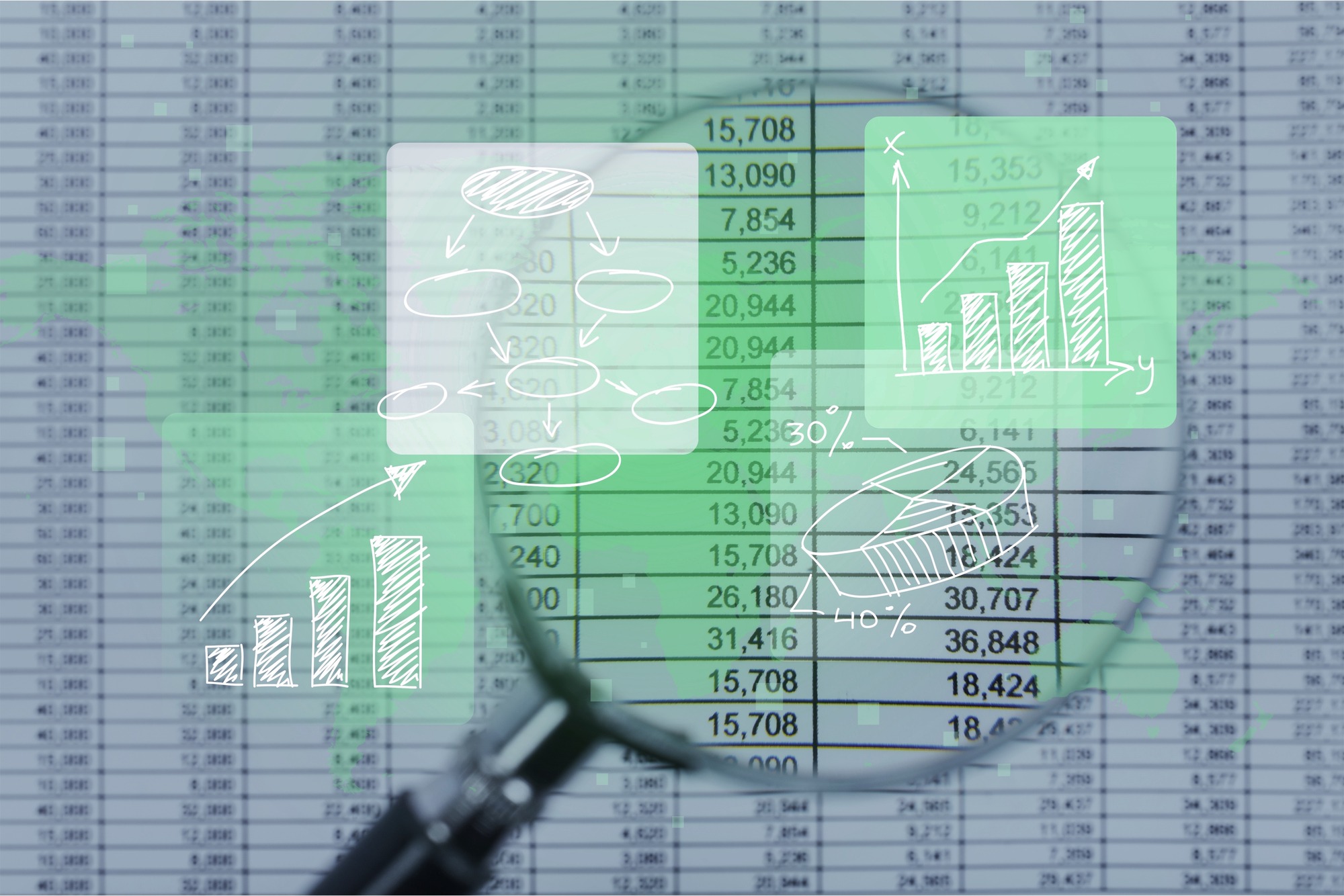 Spreadsheet bank accounts accounting with calculator and magnifying glass. Concept for financial fraud investigation, audit and analysis.