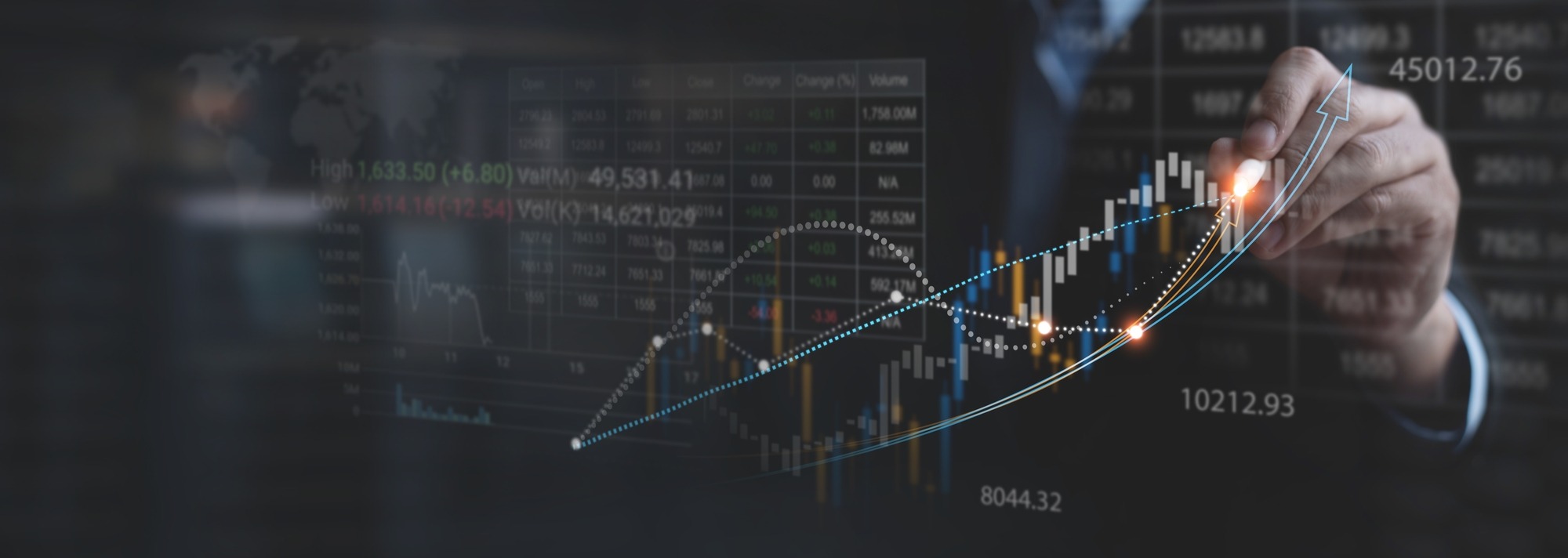 Stock market analysis, business, finance and investment. Finance analyst analyzing stock market trading graph, economic growth chart, planning and strategy, business investment with financial report